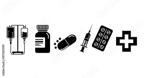 Medical Icons: IV Drip, Pills, Syringe, Blister Pack, and Cross Symbol
