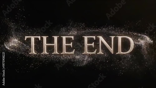 The End cinematic title with sparkling particles on black background, elegant closing scene for films and presentations.