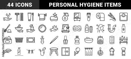Minimalist bathroom and hygiene outline icons in grid layout