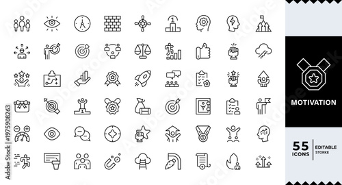 Motivation icon set. Personal growth, productivity, development, increase, improvement, career, Editable line icons.