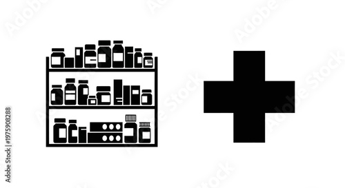 Pharmacy Shelf with Medications and Medical Cross Symbol, Healthcare Concept