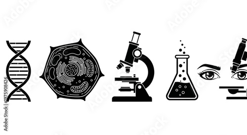 Science and Research Icons: DNA, Cell, Microscope, Flask, Eyes