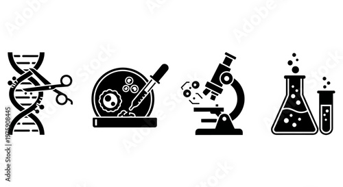 Science Icons: DNA, Cell Culture, Microscope, and Flasks - Research and Discovery