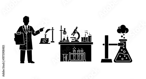 Scientist Conducting Experiment in Laboratory with Equipment and Flask