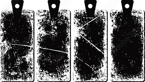 Set of four vintage cutting boards with worn textures and scratched surfaces isolated on white