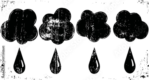 grunge clouds with raindrops set weather symbols in distressed vintage