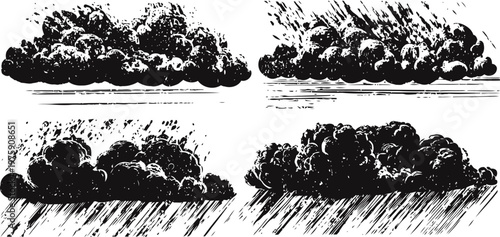 hand drawn vintage rain clouds illustration set weather elements with varying rain intensity and shading