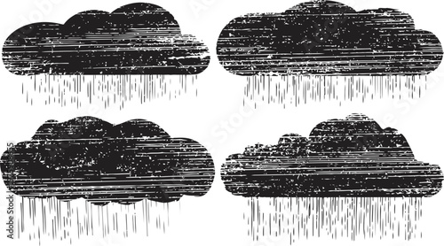 set of vintage black clouds with rain, weather forecast icons with textured grunge effect