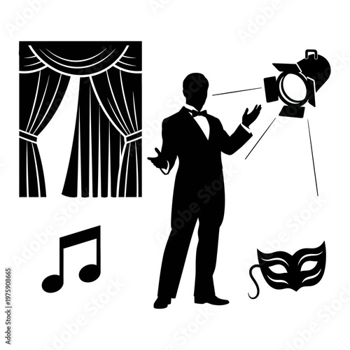 Silhouette Performer on Stage with Spotlight, Mask, and Music Notes