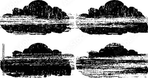 Grunge cloud shapes with horizontal distressed lines, vintage weather symbol set
