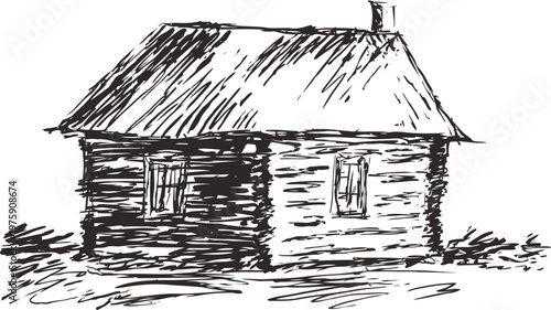 rustic wooden cabin with chimney in countryside sketch drawing isolated