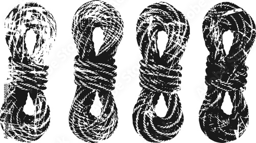 coiled rope bundles, four variations of thick twisted fiber cords