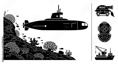 Submarine Navigates Coral Reef with Underwater Life and Nautical Vessels