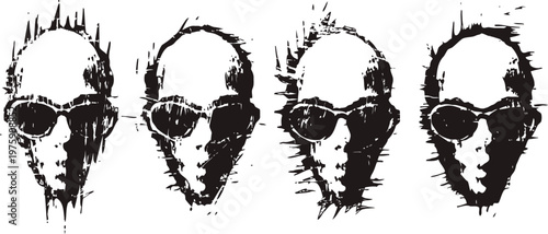 Four stylized skulls with sunglasses and spikes in a grunge black and white ink