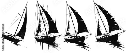 set of four black silhouette sailboats with wind filled sails in dynamic sailing positions