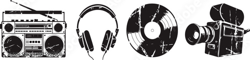 Retro music and video devices icons vintage radio, headphones, vinyl record, and film camera silhouettes