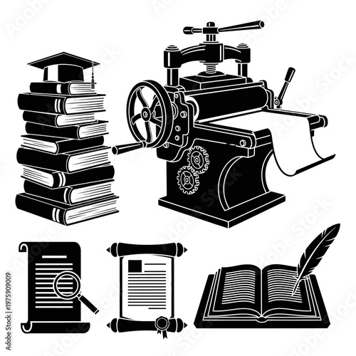 Vintage Printing Press, Books, Graduation Cap, Magnifying Glass, Quill Pen - Education and History Concept