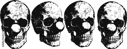 grunge cracked human skull illustrations four black and white worn vintage anatomical heads set