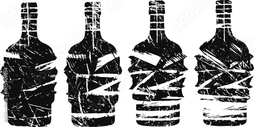 Grunge alcohol bottles silhouette set vintage textured liquor container shapes distressed drink graphic design elements