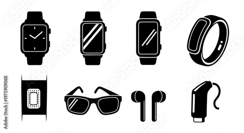 Wearable Technology Icons: Smartwatch, Fitness Tracker, Earbuds, Glasses, Hearing Aid