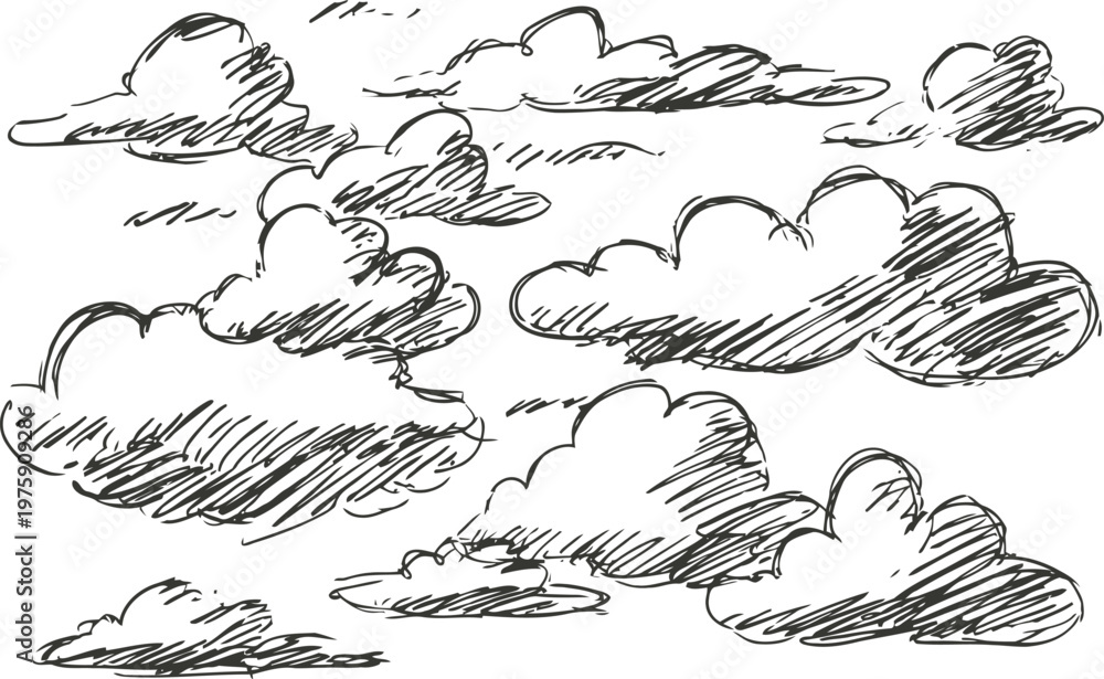 Obraz premium Hand drawn clouds sketch set, various fluffy cloud shapes and sizes in black ink