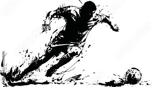 Dynamic soccer player silhouette kicking ball with speed and energy motion effect