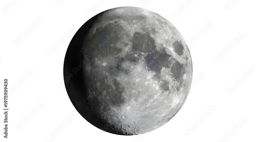 Naklejka premium Waning gibbous moon isolated on white background, lunar phase astronomy celestial body space science