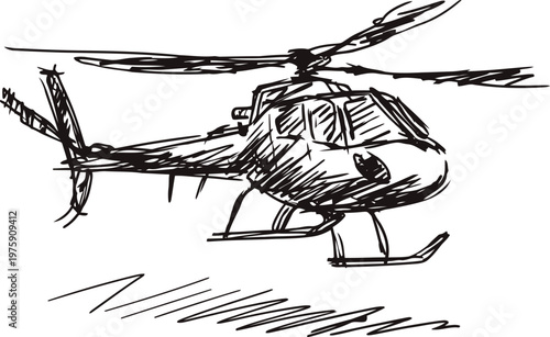 helicopter flying in the sky black and white sketch of a helicopter with visible rotor blades and cockpit details