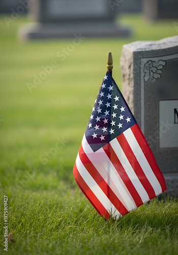 Small American flag near gravestone in cemetery honoring fallen soldiers