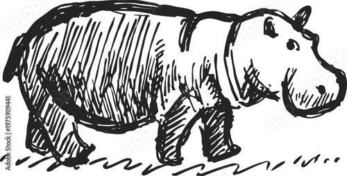 Hand drawn hippopotamus illustration in black ink with simple sketch lines and textured shading
