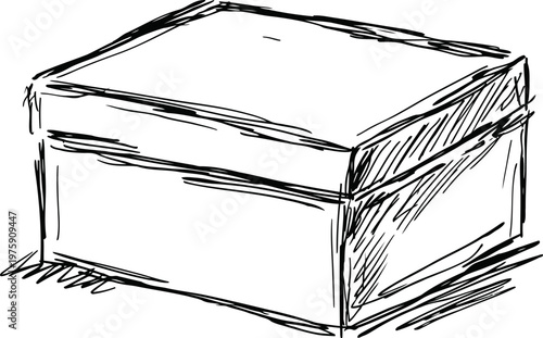 Hand drawn sketch of a simple rectangular box with lid, rough ink outline on white background