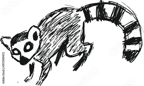 Black and white sketch of a ring tailed lemur in a walking pose with detailed stripes on the tail