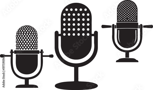 Three vintage style microphones presented in a black and white illustration