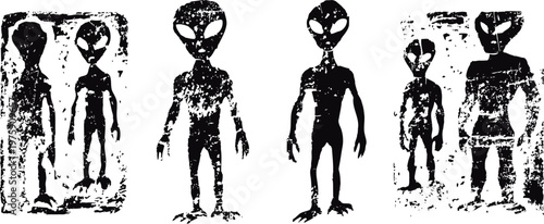 vintage alien silhouettes set extraterrestrial figures with large heads and slender bodies sci fi spooky creature illustrations