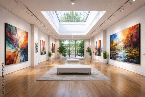 Bright, modern interior space with large windows and vibrant abstract art.