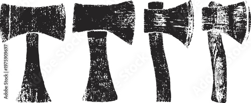 Set of four rustic ax silhouettes vintage hand axes with wooden handles in different shapes rough grunge texture