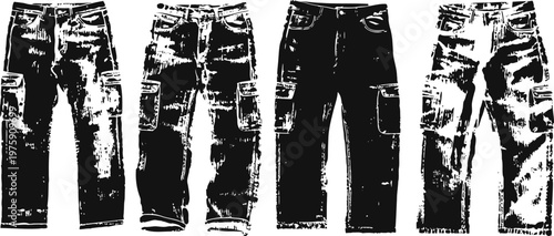 Distressed and cargo men's pants collection casual trousers, ripped denim with pockets and rugged