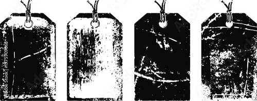 Vintage worn price tags with string, grunge textured labels in black and white