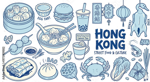 Hong Kong Street Food Vector Illustration with Traditional Cuisine and Culture