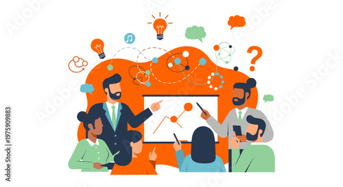 Business team brainstorming in vibrant orange and blue colors with thought bubbles in flat design for marketing materials