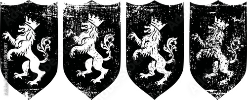 Four medieval heraldic shields with a rampant lion emblem showing wear and texture variations