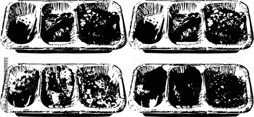 Four black and white divided meal trays with various food portions arranged for serving