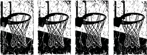 Grunge basketball hoop silhouette with net in black and white urban sports design