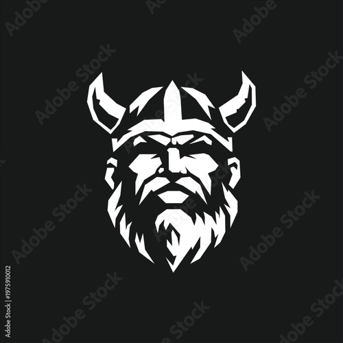 Minimalist vector illustration of a Viking warrior head with helmet and horns, featuring a bold geometric style. High contrast black and white design with sharp edges, suitable for logo, branding, mas