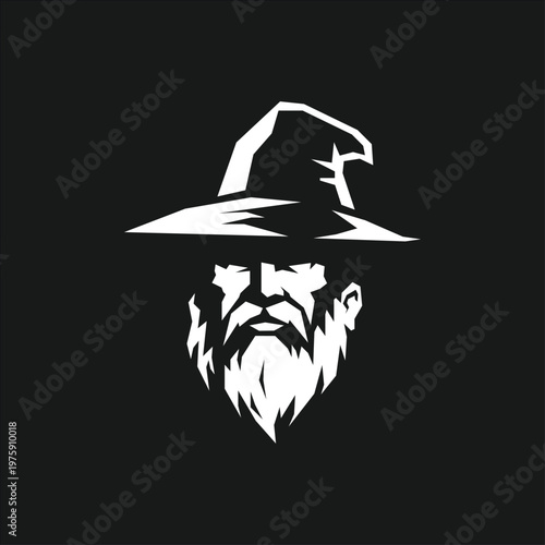 Minimalist vector illustration of a wizard head wearing a pointed hat, designed in a bold geometric style.