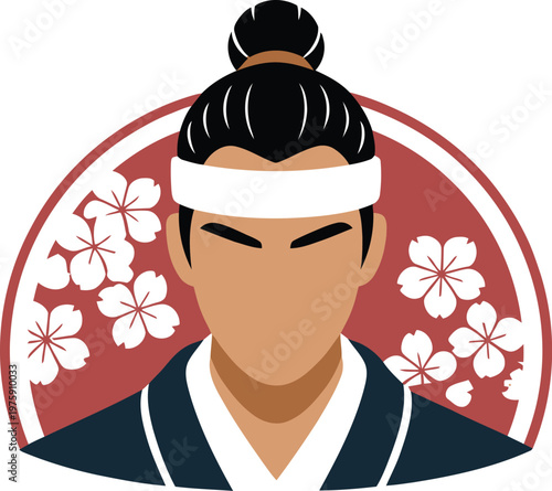 Samurai warrior with top knot and cherry blossoms background japanese historical traditional illustration portrait character headband blossoms background stylized strength