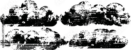 Grunge textured cloud shapes set with distressed vintage effect, retro sky design elements