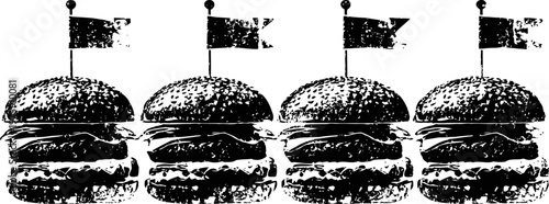 Four cheeseburgers with flags on top arranged in a row, classic american fast food meal