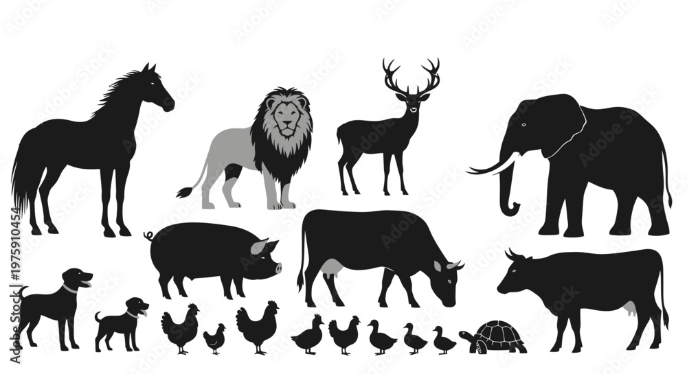 Fototapeta premium Animal silhouettes collection featuring various domestic and wild creatures.