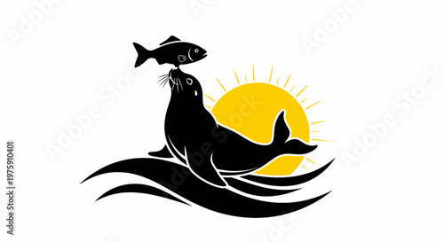 A playful sea lion balances a fish on its nose, silhouetted against a vibrant sun and ocean waves.